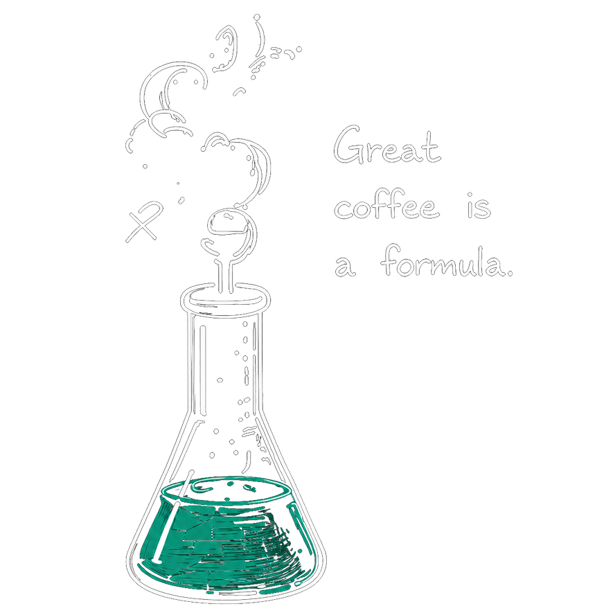 Hand-drawn flask with 'Great coffee is a formula'